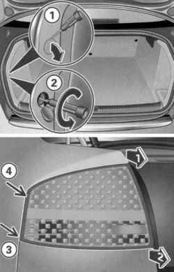 Положение крепежного винта заднего фонаря и демонтаж заднего бокового фопаря